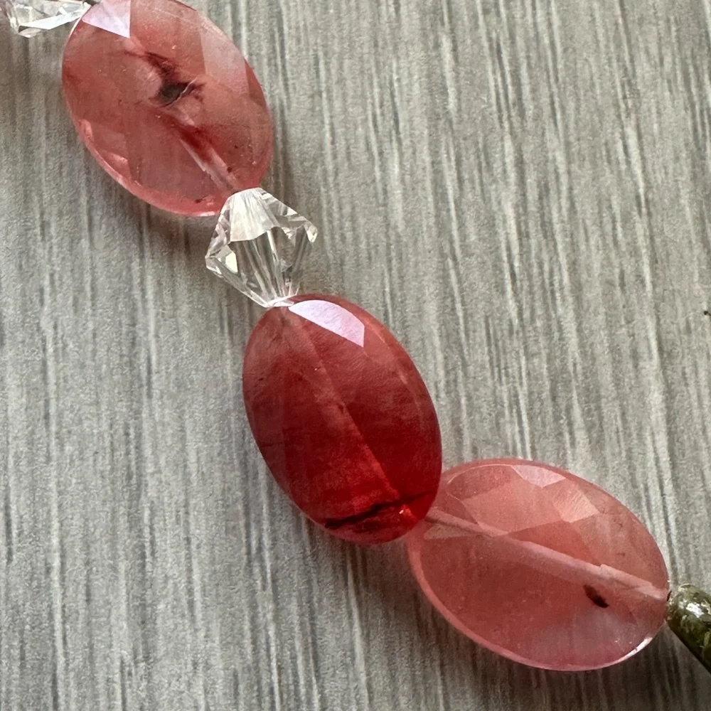 Unakite Pink Quartz & Crystal Beaded Necklace W/ 925 Sterling S-Clasp - Picture 3 of 8